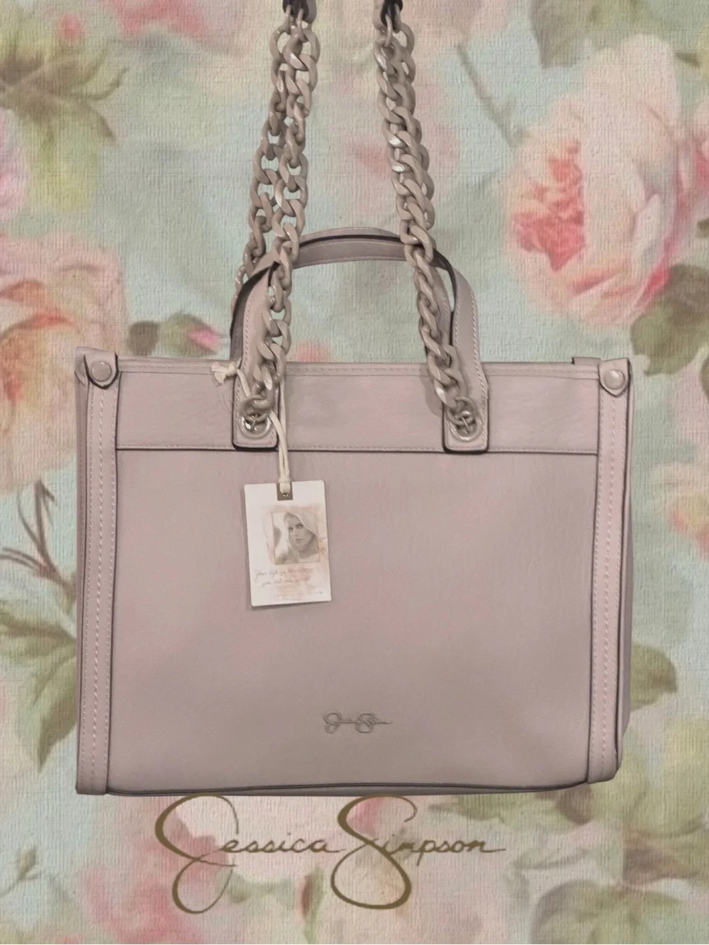 NWT Jessica Simpson Dawn Alexis Tote Bag – Monochromatic Chain Blush Cream